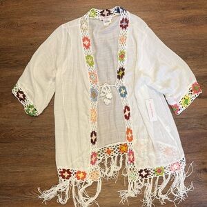 Ana & Rose XL White Boho Kimono Cardigan w/ Crochet Trim & Fringe NWT